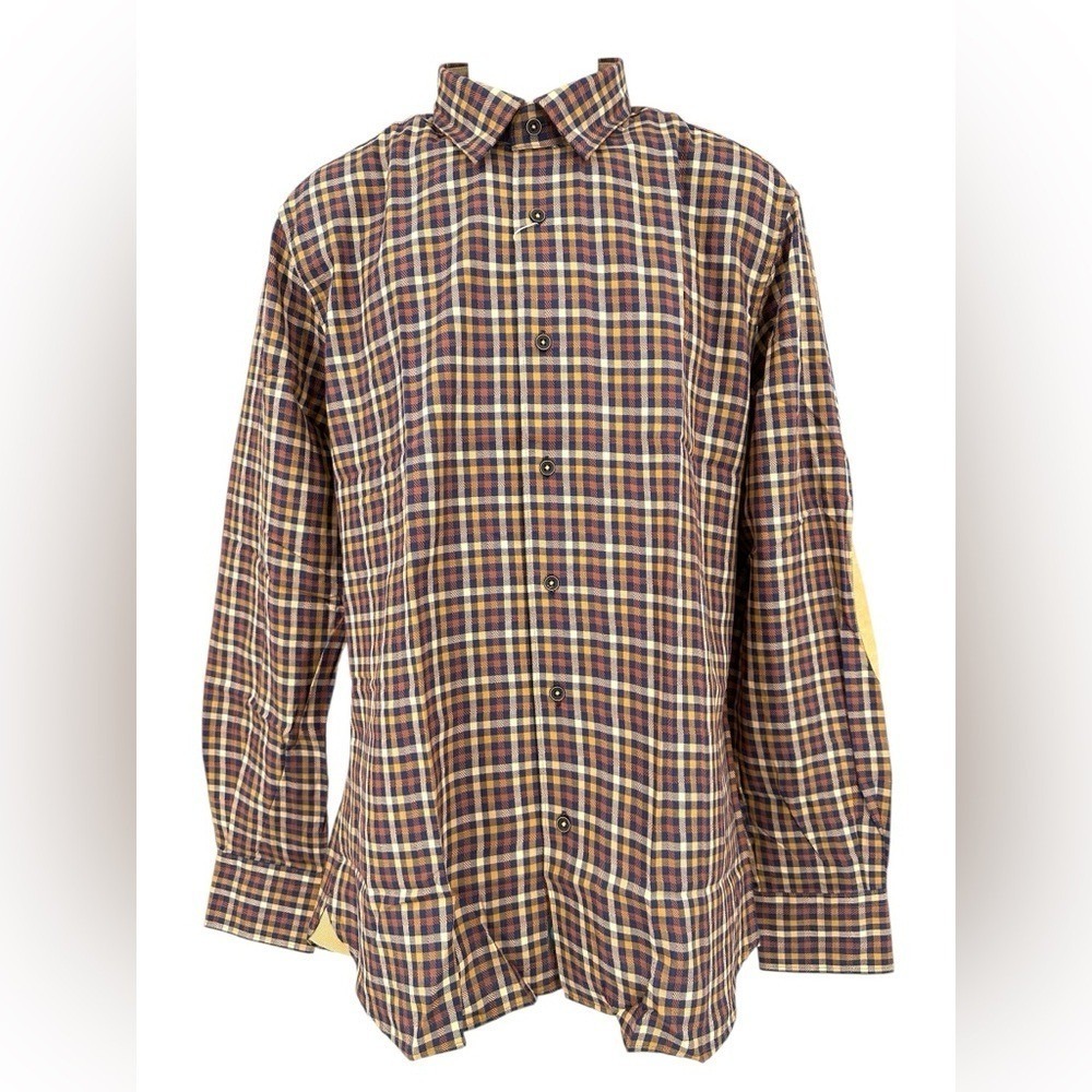 Luchiano Visconti Tan Plaid Button Down Shirt Elbow Patches Men's Large NEW